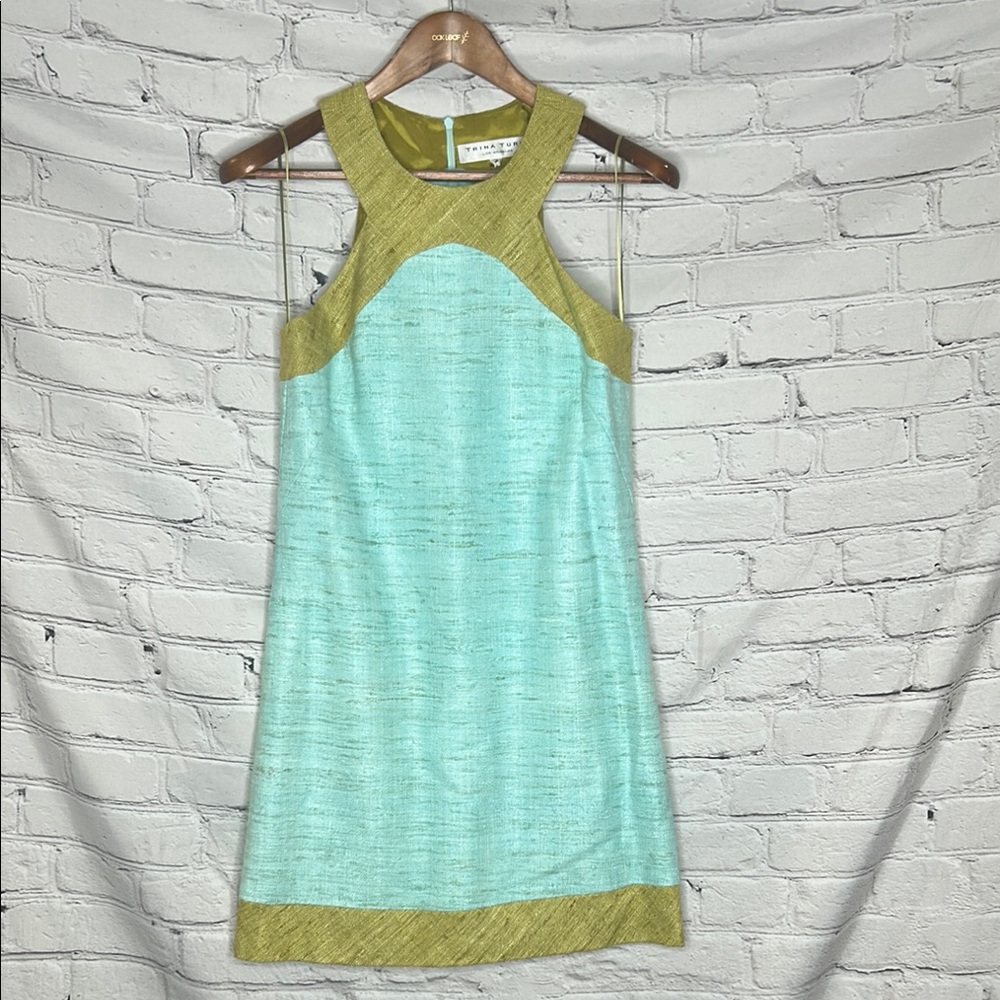 Trina Turk Green Blue Sheath Silk Sleeveless Dress Size 2 Excellent Condition